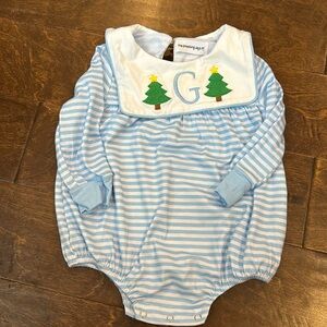 Monogrammed Christmas letter G striped blue and white long sleeve onesie